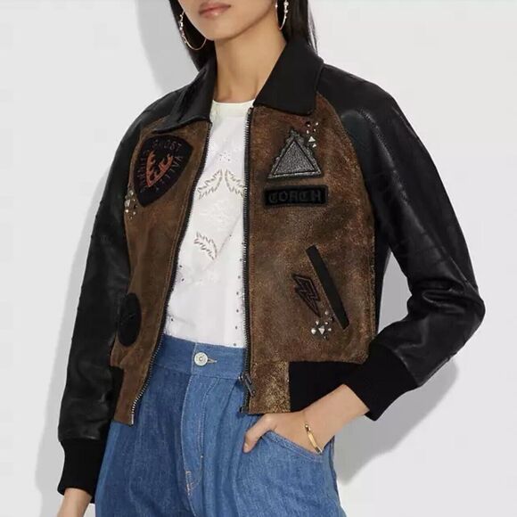 Coach Rare Women’s Embellished Varsity Leather Jacket Patchwork Sleeves Size 0 - Picture 2 of 9